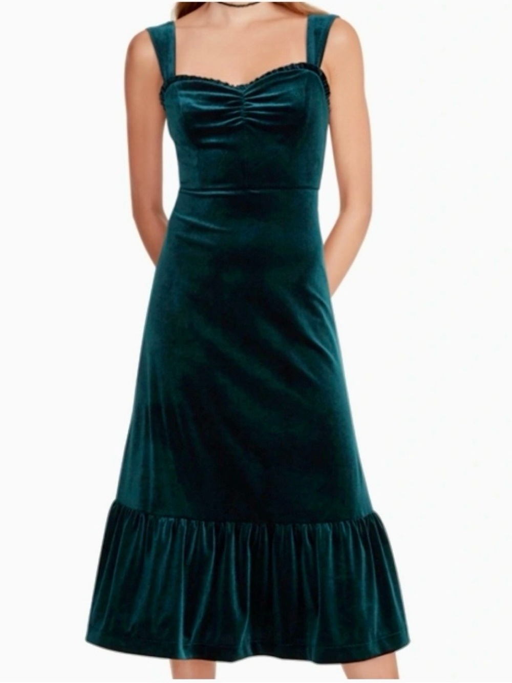 Betsey Johnson Deep Green-Teal Velvet Midi Dress w/ Sweetheart Neckline & Ruffle